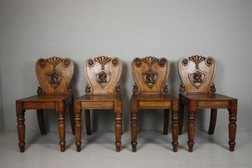 Set of Four William IV Antique Oak Hall Chairs.