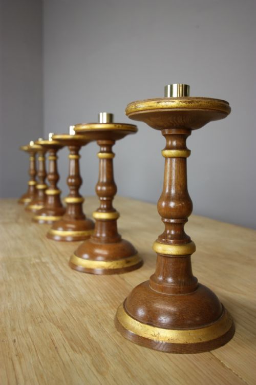 Set of Six Large Oak & Gilt Antique Candlesticks.