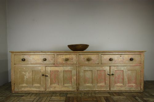 Long English Antique Pine Dresser in Original Paint.