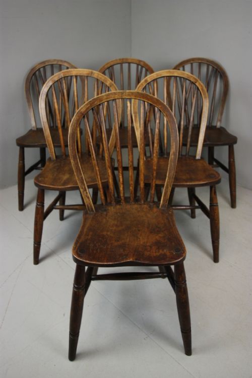 Set of Six Antique Elm Kitchen Dining Chairs.