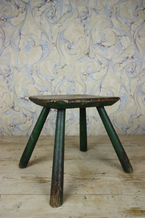 Georgian Antique Elm Stool in Original Green Paint.