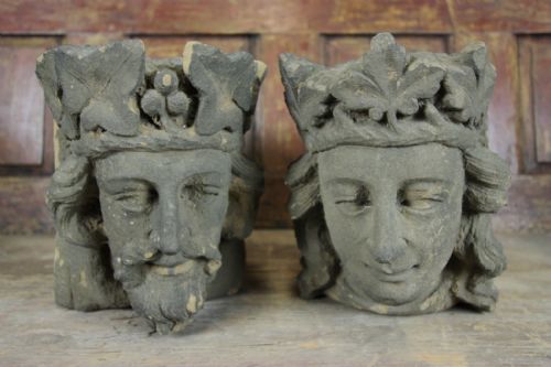 Amazing Pair of English 18th C Antique Stone Heads.