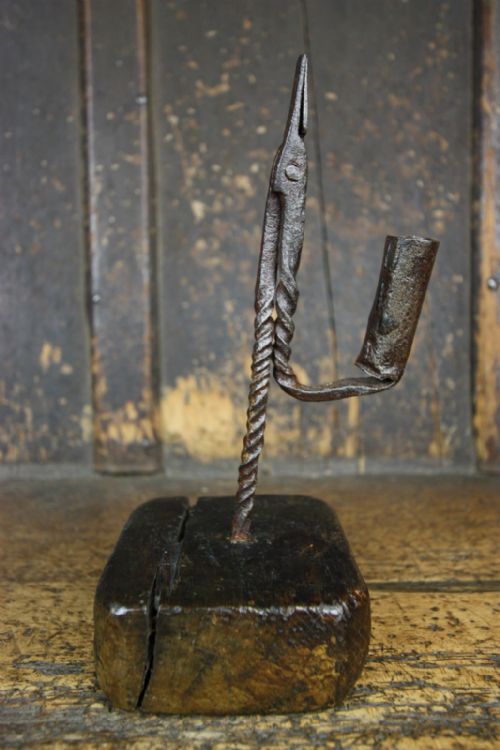 18th Century Antique Rush Light on Original Oak Base.