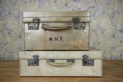 Pair of Edwardian Antique White Vellum Trunks.