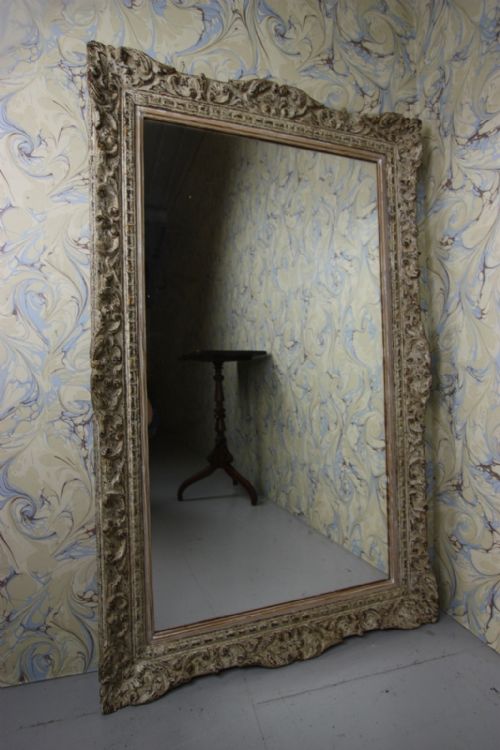 Antique Carved Mirror in Original Cream Paint.
