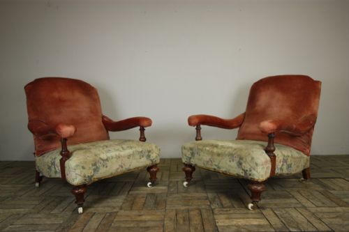 Pair of English 19th Century Antique Upholstered Armchairs.