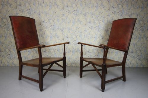 Pair of Antique Oak & Leather Club Armchairs (2 Pairs).
