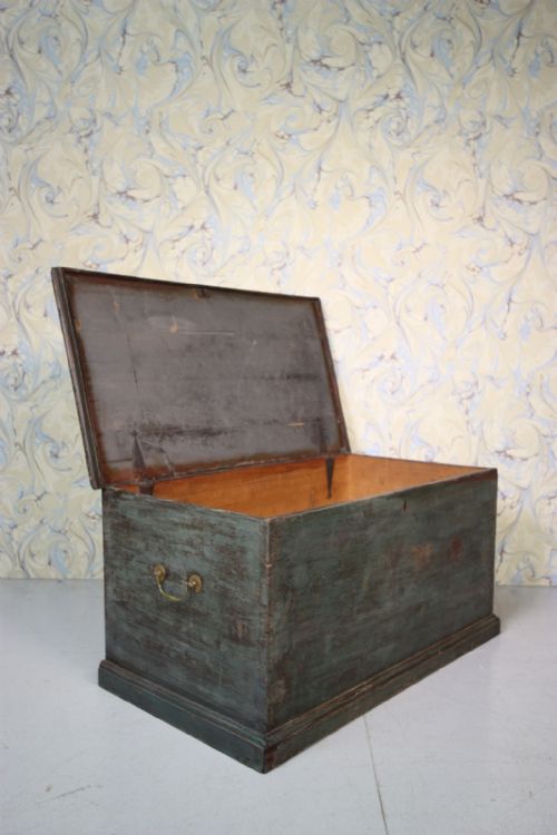 19th Century Antique Pine Bedding Box in Original Blue.