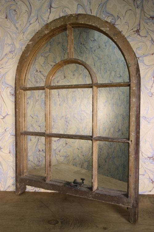 19th Century Painted Pine Arched Antique Window Mirror.