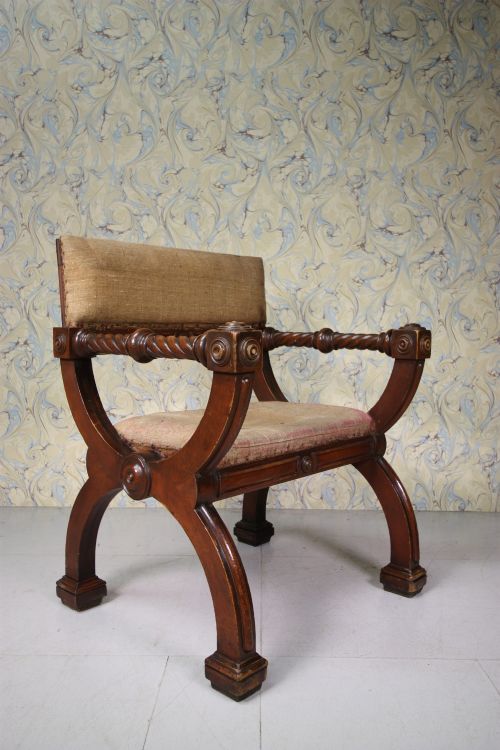19th Century English Antique Pine X Frame Armchair.
