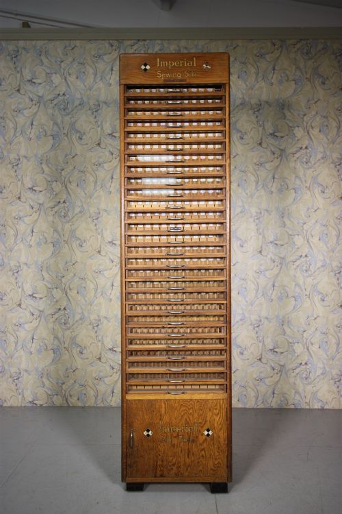 Tall English Edwardian Antique Oak Sewing Silk Cabinet.