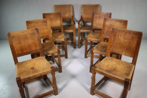 Original Set of Eight 1930'S Mouseman Oak Dining Chairs.