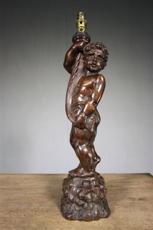 18th Century Antique Walnut Cherub Lamp.