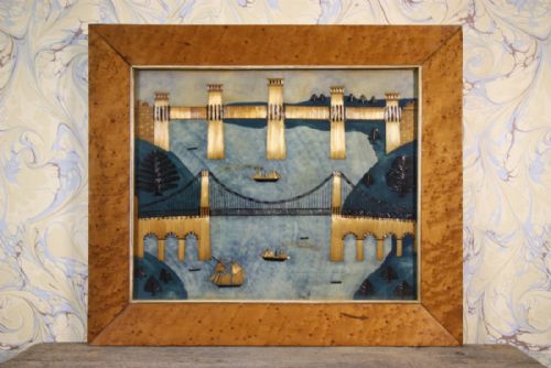 Wonderful Welsh Antique Straw Work Picture of Menai Bridge.