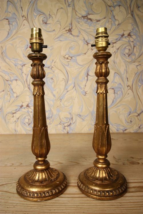 Pair of Antique Carved Pine & Gilt Lamps