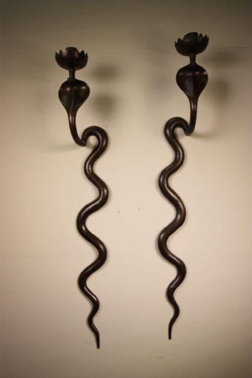 Pair of 19th Century Banares Indian Antique Cobra Wall Sconces.