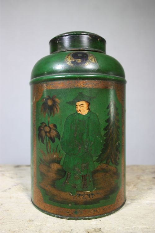 Antique Tea Canister with Chinoiserie Decorations.

a Very Decorative and Original, 19th Century English Antique Tea Tin in a Lovely Green Paint Finish. In Very Good Condition and Complete with the Period Lid, All the Chinoiserie Painted Decorations Are Original, It Is Also Numbered.

dimensions
height: 34cm (13.39")
Width: 20cm (7.87")
Depth: 20cm (7.87")
