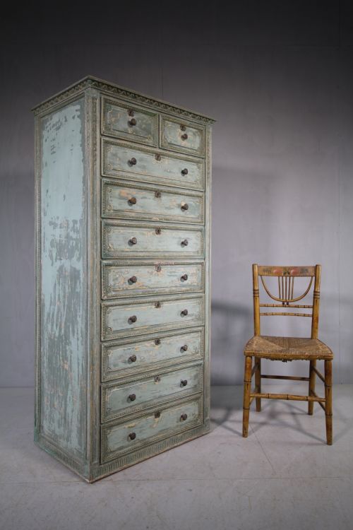 Amazing English Antique Tall Chest in Original Blue Paint.