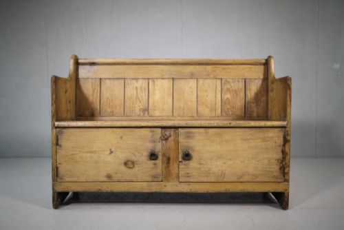 19th Century Antique Pine Settle with Cupboard.