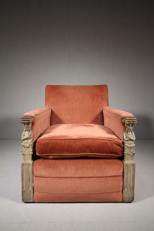 Unusual English Antique Upholstered Armchair.