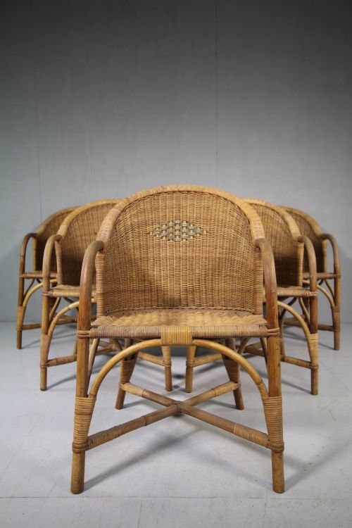 Set of Six Edwardian Antique Garden Chairs Retailed by Heals.