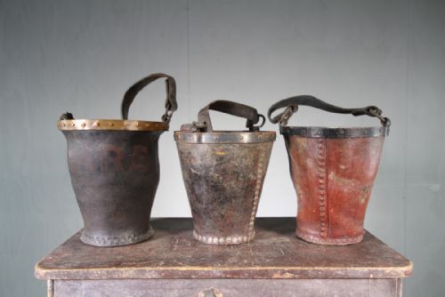 Set of Three English Antique Leather Fire Buckets.