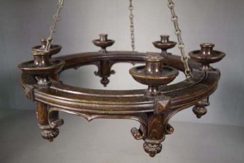 Complete 1920'S Large Oak Chandelier.