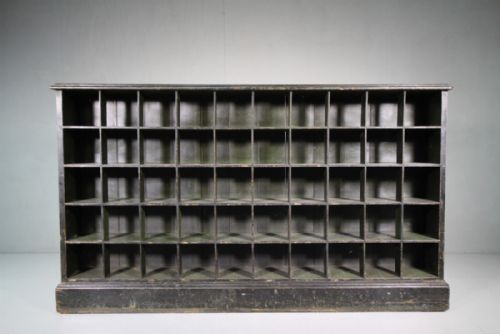 Large English Antique Painted Pine Pigeon Hole Shelving.