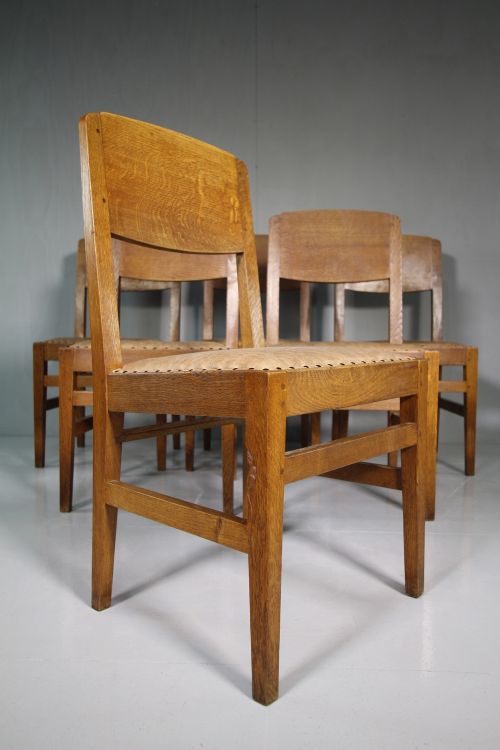Set of Six Original 1940'S Mouseman Oak Dining Chairs.