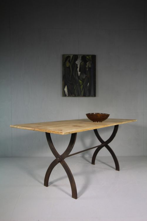 19th Century Antique Iron & Pine Tavern Dining Table.