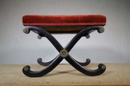 Regency X Frame Antique Ebonised Stool.