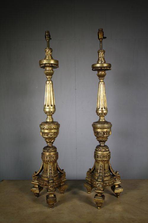 Large Pair of 19th Century Antique Carved Gilt Lamps.