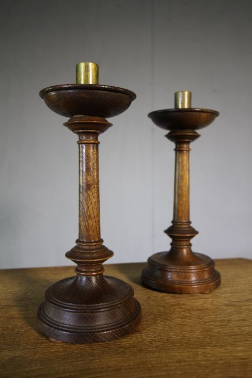 Pair of Edwardian Antique Oak Candlesticks.

