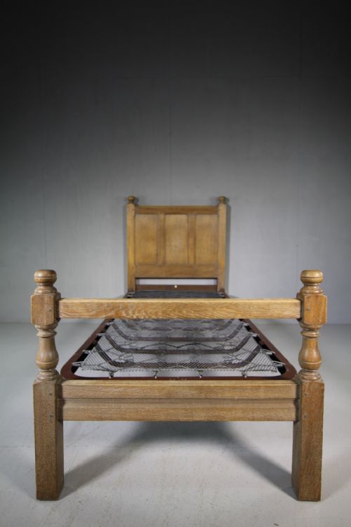 1920'S Heals of London Oak Single Bed & Base - Labelled.