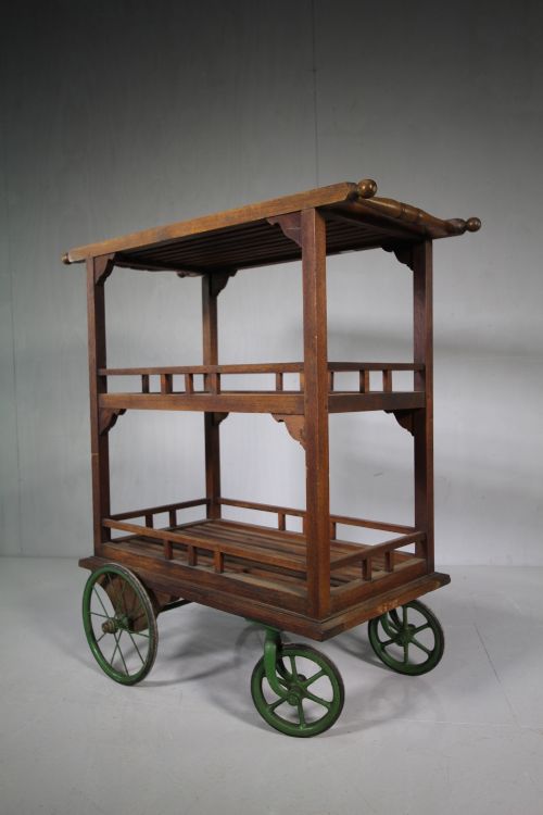 Fabulous Edwardian Antique Teak Trolley with Metal Wheels.