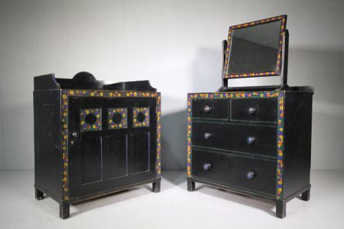 Rare 1920'S Heals Decorated Chest Cupboard & Dressing Table