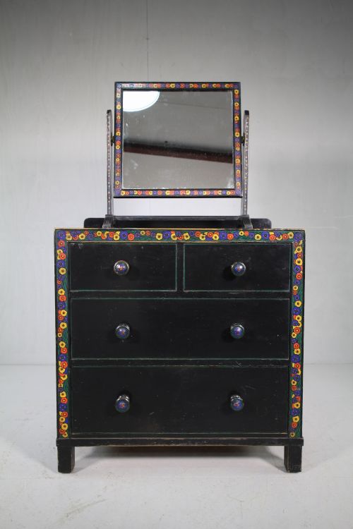 fig 1. Rare 1920's Heals Decorated Chest Cupboard & Dressing Table