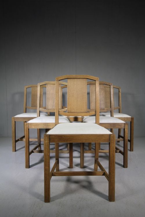 Set of Six 1930'S Heals of London Oak Dining Chairs.
