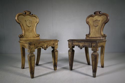 Fabulous Pair of Antique Hall Chairs in Original Paint.