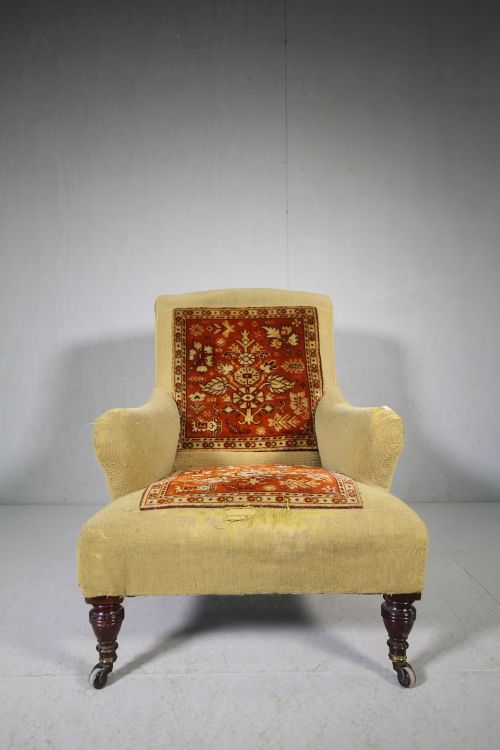 English Antique Upholstered Carpet Armchair