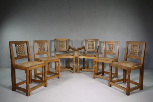 Set of Six 1920'S Mouseman Oak Dining Chairs.