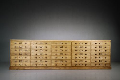 Large Edwardian Antique Teak Bank of Drawers
