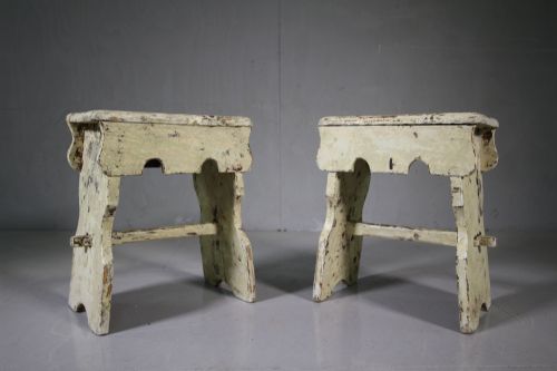Pair of English Antique Painted Pine Plank Stools