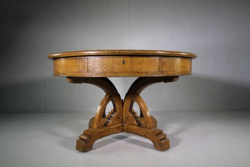19th Century Antique Oak Library Drum Table by Charles Bevan