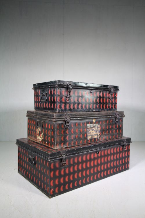 Set of Three Large 19th Century Antique Tin Trunks