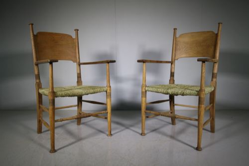 Pair of Large William Birch Antique Oak Armchairs