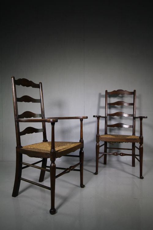 Pair of English Antique Oak Ladderback Carver Armchairs