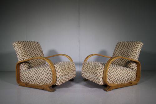 Pair of Heals 1930'S Uphlstered Oak Armchairs.
