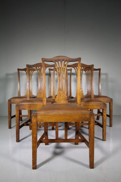 Set of Eight Edwardian Antique Oak Dining Chairs