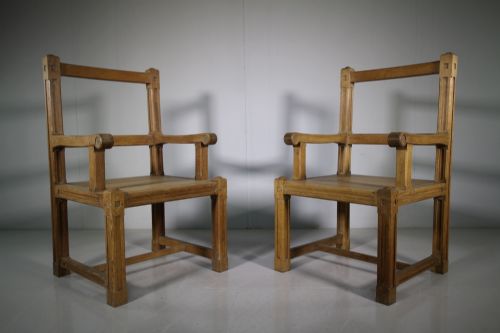 Large Pair of Edwardian Antique Oak Armchairs